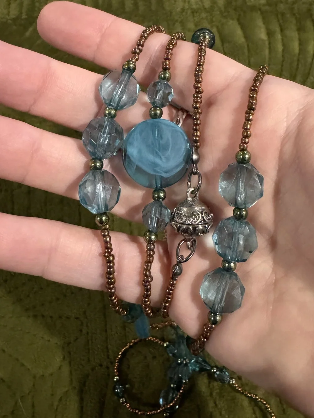 Bronze & Turquoise  Blue Acrylic Beaded Long Necklace - Women Jewelry